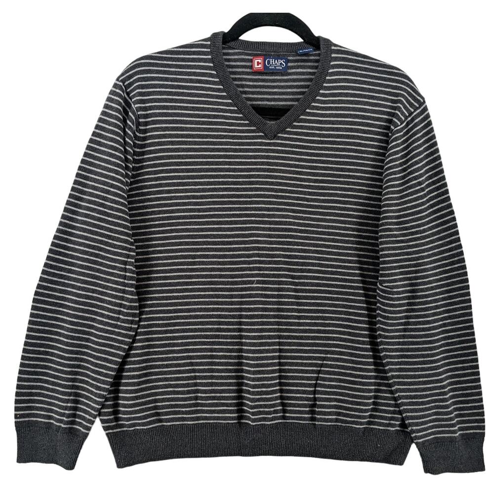 Chaps Striped Sweater XL Gray White Mens Ribbed Knit V Neck‎ Long Sleeve Winter